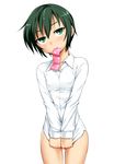  1girl bottomless condom condom_in_mouth dress_shirt green_eyes green_hair hawawani kino kino_no_tabi looking_at_viewer naughty_face short_hair simple_background small_breasts smile solo tomboy 