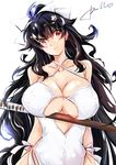  1girl azur_lane black_hair breasts calligraphy_brush_(medium) collarbone female hair_ornament hair_ribbon head_tilt ink_brush katana large_breasts long_hair one-piece_swimsuit push!_(pushmylove) ribbon simple_background solo standing swimsuit sword takao_(azur_lane) upper_body wavy_hair weapon white_background white_swimsuit 