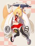  :d animal_ears arms_up black_legwear blonde_hair commentary_request eyebrows_visible_through_hair fish fox_ears fox_tail full_body hair_between_eyes holding holding_fish japanese_clothes karioki_sumi kimono long_hair long_sleeves looking_at_viewer midriff mogami_yoshiaki_(sengoku_bushouki_muramasa) multiple_tails navel open_mouth platform_footwear pleated_skirt red_eyes red_skirt sandals sengoku_bushouki_muramasa skirt smile socks socks_over_thighhighs solo tail thighhighs very_long_hair white_legwear wide_sleeves 