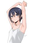  1girl armpits arms_up black_eyes black_hair blush collarbones kino kino_no_tabi saikawa_yusa short_hair simple_background solo tomboy undershirt 