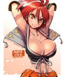  .hack//g.u. .hack//g.u._last_recode 1girl ahoge amania_orz armpits arms_up breasts check_commentary cleavage commentary_request large_breasts midriff navel orange_eyes partial_commentary red_hair short_hair yowkow_(.hack//) 