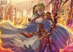  aestus_estus ahoge blonde_hair blurry breasts character_name cleavage commentary depth_of_field epaulettes fate/extra fate_(series) fire green_eyes highres holding looking_at_viewer medium_breasts nero_claudius_(fate) nero_claudius_(fate)_(all) parted_lips petals smile solo sword weapon wind zen_(jirakun) 