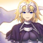  :d blonde_hair blue_eyes capelet commentary_request fate/apocrypha fate_(series) flag headpiece highres jeanne_d'arc_(fate) jeanne_d'arc_(fate)_(all) long_hair looking_at_viewer open_mouth petals smile solo yuki7128 