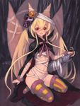  :d animal_ears asymmetrical_legwear bandages bangs black_cape blonde_hair cape commentary_request eyebrows_visible_through_hair fang fish fox_ears fox_tail full_body fur-trimmed_legwear fur_trim hair_between_eyes halloween halloween_costume high_collar karioki_sumi long_hair looking_at_viewer mogami_yoshiaki_(sengoku_bushouki_muramasa) multiple_tails naked_bandage navel neck_ribbon no_shoes open_mouth red_eyes ribbon seiza sengoku_bushouki_muramasa sitting smile solo striped striped_legwear tail thighhighs vampire_costume very_long_hair wristband 