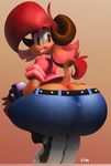  2017 anthro big_butt bracelet butt butt_focus caprine clothed clothing crouching female footwear frances_sugarfoot freckles goat hair huge_butt jeans jewelry looking_back mammal neozoa pants rear_view red_hair smile solo thick_thighs vimhomeless wide_hips 