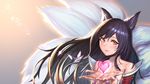  ahri animal_ears bangs bare_shoulders black_hair closed_mouth collarbone commentary_request detached_sleeves eyebrows_visible_through_hair facial_mark floating_hair fox_ears fox_tail gradient gradient_background hair_between_eyes hands_up heart highres league_of_legends light_particles long_hair long_sleeves looking_at_viewer moonandmist multiple_tails outstretched_hand red_clothes shiny shiny_hair slit_pupils smile solo tail translucent upper_body whisker_markings white_tail wind yellow_eyes 