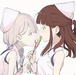 apron bad_id bad_twitter_id bare_arms braid brown_eyes brown_hair candy commentary_request food from_side grey_hair hair_over_shoulder half_updo kagari_atsuko licking little_witch_academia lollipop long_hair multiple_girls pale_skin profile red_eyes shared_food simple_background single_braid sleeveless sucy_manbavaran tongue upper_body usurik wrist_cuffs yuri 