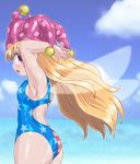  american_flag_swimsuit armpits ass bare_arms blonde_hair breasts clownpiece commentary_request competition_swimsuit day fairy_wings flag_print from_side hat jester_cap long_hair one-piece_swimsuit outdoors pink_eyes polka_dot print_swimsuit profile small_breasts solo swimsuit touhou very_long_hair water wings winn 