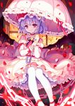  blue_hair chain choker closed_mouth cloud hat hat_ribbon highres holding holding_umbrella indoors juliet_sleeves long_sleeves looking_at_viewer mirror_(xilu4) mob_cap pantyhose parasol petals petticoat pink_skirt puffy_sleeves red_eyes red_footwear red_ribbon remilia_scarlet ribbon ribbon_trim rose_petals shoes sitting skirt skirt_set smile solo touhou umbrella white_legwear window wrist_cuffs 