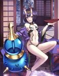  :d bangs bare_legs bare_shoulders barefoot bob_cut breasts collarbone cup eyebrows_visible_through_hair eyeshadow fangs fate/grand_order fate_(series) gem gourd headpiece highres holding horns japanese_clothes kimono knee_up looking_at_viewer makeup navel oni oni_horns open_clothes open_kimono open_mouth outdoors pale_skin print_kimono purple_eyes purple_hair purple_kimono revealing_clothes sakazuki shadow shiguru shiny shiny_hair short_eyebrows short_hair shouji shuten_douji_(fate/grand_order) sitting sliding_doors small_breasts smile snow solo spikes stomach sunlight tatami tree wide_sleeves 
