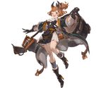  abacus animal_ears bag black_legwear boots breasts brown_eyes brown_hair dress elbow_gloves erune fang full_body gloves granblue_fantasy high_heel_boots high_heels holding karteira long_coat looking_at_viewer medium_breasts minaba_hideo official_art one_eye_closed open_mouth ponytail short_dress short_hair short_ponytail short_sleeves smile solo transparent_background 