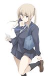  alternate_costume black_legwear black_skirt blonde_hair blue_eyes blue_neckwear brown_footwear cellphone food food_in_mouth graf_zeppelin_(kantai_collection) hair_between_eyes holding holding_phone kantai_collection kneehighs long_hair long_sleeves mouth_hold necktie no_hat no_headwear phone pleated_skirt shoes sidelocks simple_background skirt smartphone solo toast toast_in_mouth twintails white_background zekkyon 