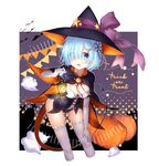  :d alternate_costume bat bent_over black_cape black_hat black_panties blue_eyes blue_hair blush bow breasts cape chihiro_(khorosho) cleavage corset cropped_legs elbow_gloves eyes_visible_through_hair frills gloves hair_ornament hair_ribbon hairclip halloween halloween_costume hand_on_own_knee hat hat_bow highres legs_apart light looking_at_viewer medium_breasts no_pants open_mouth outside_border panties pennant pumpkin purple_bow purple_ribbon re:zero_kara_hajimeru_isekai_seikatsu rem_(re:zero) ribbon short_hair smile solo standing star string_of_flags thighhighs tombstone trick_or_treat underwear white_gloves white_legwear witch_hat x_hair_ornament 