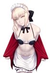  amase_(yagami666) artoria_pendragon_(all) bangs bikini blonde_hair braid breasts closed_mouth fate/grand_order fate_(series) french_braid highres holding holding_jacket jacket maid maid_headdress navel ribbon saber_alter small_breasts smirk solo swimsuit yellow_eyes 