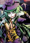  batman_(series) breasts cleavage cosplay dc_comics formal gloves green_eyes green_hair head_wings highres large_breasts long_hair long_sleeves makeup morrigan_aensland necktie smile solo suit the_joker the_joker_(cosplay) vampire_(game) vermillion_dice wings 