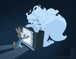  2017 anthro blue_background chloe_sinclaire clothed clothing conditional_dnp duo female fur ghost grey_fur hair jollyjack lagomorph male mammal nude pajamas rabbit simple_background skunk spirit television young 