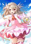  :d absurdres ascot blonde_hair blue_sky cape chall_(eva2ooo1) cloud commentary_request cowboy_shot cross day dress elbow_gloves eyebrows_visible_through_hair fate/kaleid_liner_prisma_illya fate_(series) floating gloves hair_ornament highres illyasviel_von_einzbern layered_dress long_hair looking_at_viewer magical_girl magical_ruby open_mouth pink_dress pink_gloves prisma_illya sky sleeveless sleeveless_dress smile solo thigh_strap two_side_up white_gloves 