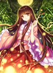  bamboo bamboo_forest bangs bare_arms branch brown_hair cloud forest full_moon highres holding houraisan_kaguya japanese_clothes jeweled_branch_of_hourai kimono light_particles long_hair long_sleeves mirror_(xilu4) moon nature night outdoors pink_kimono red_eyes red_skirt skirt solo touhou very_long_hair wide_sleeves 