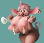  2016 anthro areola big_areola big_breasts bovine breast_grab breast_squeeze breasts cattle ear_piercing facial_piercing female fur green_eyes hair hand_on_breast huge_breasts lactating mammal neozoa nipples nose_piercing nose_ring open_mouth piercing pubes septum_piercing solo vimhomeless 
