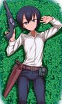  1girl belt black_hair collarbones dress_shirt expressionless grey_eyes gun holster kikunosukemaru kino kino_no_tabi looking_at_viewer lying pants pistol pouch revolver tomboy 