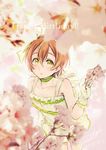  artist_name blurry cherry_blossoms choker commentary_request dated depth_of_field dress gloves green_eyes green_neckwear hair_between_eyes happy_birthday highres hoshizora_rin love_live! love_live!_school_idol_project orange_hair short_hair signature solo suito white_dress white_gloves 