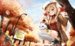  &gt;_&lt; =_= animal ankle_boots autumn autumn_leaves bangs beret bird bird_hair_ornament black_footwear blonde_hair blue_sky blurry blush boots brown_coat chicken closed_mouth coat day depth_of_field drawstring hair_ornament hat highres holding holding_leaf k.syo.e+ lamppost leaf legs_together long_hair long_sleeves looking_at_viewer map miniskirt one_side_up open_clothes open_coat original outdoors park plant pleated_skirt red_sweater rock signature skirt sky sleeves_past_wrists smile solo squatting sweater tareme thighhighs translation_request tree unbuttoned very_long_hair white_hat white_legwear yellow_eyes zettai_ryouiki 