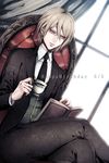  black_jacket black_neckwear black_pants book brown_hair crossed_legs danganronpa danganronpa_1 formal glasses hair_between_eyes happy_birthday jacket male_focus necktie open_book open_clothes open_jacket pant_suit pants reading sitting solo suit togami_byakuya white-framed_eyewear z-epto_(chat-noir86) 