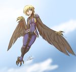  animal_humanoid armor avian avian_humanoid blonde_hair blue_eyes bodysuit brown_feathers claws clothing feathered_wings feathers female fingers flying forte hair hair_between_eyes harpy humanoid looking_at_viewer skinsuit solo talons thatweirdguyjosh tight_clothing wings 
