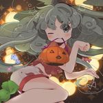  :3 bangs bare_arms basket biyon candy curly_hair food green_eyes green_hair halloween heart komano_aun long_hair looking_at_viewer mouth_hold paw_pose red_shirt shirt short_sleeves shorts smile solo star touhou twitter_username very_long_hair white_shorts 