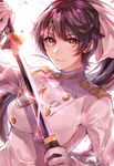  azur_lane betti_(maron) black_hair bow breasts brown_eyes buttons closed_mouth drawing_sword epaulettes gloves hair_bow highres holding holding_sword holding_weapon jacket katana light_rays lips long_hair long_sleeves looking_at_viewer medium_breasts military military_uniform naval_uniform ponytail sheath smile solo sparkle sword takao_(azur_lane) uniform unsheathing weapon white_gloves white_jacket 