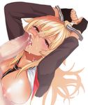  1girl areolae bangs between_breasts blonde_hair blush breasts censored cuffs cum facial fellatio fingerless_gloves gloves handcuffs hands_above_head hetero large_areolae large_breasts lips long_hair mosaic_censoring necktie nipples open_clothes open_mouth open_shirt oral penis penis_on_face puffy_nipples shikishima_mirei shirt valkyrie_drive valkyrie_drive_-mermaid- yuuki_shin 