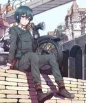  1girl boots bridge city dress_shirt green_eyes green_hair hermes highres holster kino kino_no_tabi looking_at_viewer motorcycle pouch ryuu. short_hair sitting suit 