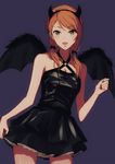  animal_ears bare_shoulders bat_wings black_dress brown_hair commentary_request demon_horns dress fake_animal_ears fur_trim hairband horns houjou_karen idolmaster idolmaster_cinderella_girls low_twintails sekime_(sekins11) twintails wings 