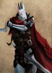  armor avyn_drax cape clothing dragon eyes_closed horn leather leather_armor melee_weapon pastel_(artwork) red_clothing schizy sword traditional_media_(artwork) weapon white_skin 
