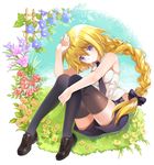  blonde_hair blue_eyes braid commentary_request fate/apocrypha fate_(series) flower jeanne_d'arc_(fate) jeanne_d'arc_(fate)_(all) long_hair looking_at_viewer necktie shiosoda shorts single_braid sitting smile solo thighhighs very_long_hair 