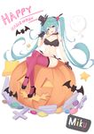  absurdres bat black_gloves character_name commentary crossed_legs full_body gloves halloween happy_halloween hat hatsune_miku high_heels highres jack-o'-lantern long_hair mini_hat mini_top_hat peng_yong pink_legwear sitting solo thighhighs top_hat twintails very_long_hair vocaloid 