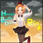  absurdres black_legwear black_skirt blush character_name cloud commentary_request earrings frilled_shirt frills gradient gradient_background green_eyes happy_birthday hat hello_hoshi_wo_kazoete highres hoop_earrings hoshizora_rin jewelry kudukimii looking_at_viewer love_live! love_live!_school_idol_project open_mouth orange_hair pantyhose paw_pose red_footwear shirt short_hair skirt solo sparkle star starry_background suspenders top_hat white_shirt 