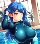  blue_hair blush bodysuit breasts character_request flipped_hair highres huge_breasts impossible_clothes long_hair pool source_request sugarbeat swimsuit thick_eyebrows wet wet_clothes 