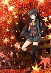  absurdres alternate_costume arm_support asymmetrical_legwear autumn autumn_leaves bad_id bad_pixiv_id black_hair black_legwear blazer brown_footwear buttons cardigan commentary_request eyebrows_visible_through_hair falling_leaves fence hair_ribbon highres holding holding_leaf isokaze_(kantai_collection) jacket kantai_collection kneehighs leaf long_hair looking_at_viewer maple_leaf maple_tree neckerchief omoomomo parted_lips pleated_skirt red_eyes ribbon school_uniform shirt shoes signature sitting_on_fence skirt solo thighhighs tree tress_ribbon white_shirt wind wing_collar wooden_fence yellow_neckwear zettai_ryouiki 
