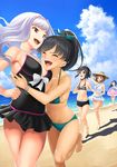  :d aqua_bikini barefoot beach bikini bikini_shorts black_hair black_shorts black_swimsuit blue_bikini blue_hair blue_sky bracelet breasts casual_one-piece_swimsuit cleavage closed_eyes cloud day dress fang floating_hair ganaha_hibiki gyouza_teishoku hagiwara_yukiho hairband hand_on_headwear hat hat_ribbon high_ponytail hug idolmaster idolmaster_(classic) innertube jewelry kikuchi_makoto kisaragi_chihaya large_breasts leg_up long_hair medium_breasts multiple_girls navel ocean one-piece_swimsuit open_mouth outdoors pink_hairband red_eyes ribbon shijou_takane short_dress short_hair shorts sideboob silver_hair sky sleeveless sleeveless_dress small_breasts smile standing straw_hat striped striped_bikini striped_bikini_top sun_hat sweatdrop swimsuit transparent white_dress white_ribbon 