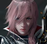  armor artist_name blue_eyes blurry close-up closed_mouth depth_of_field final_fantasy final_fantasy_xiii hair_between_eyes highres lightning_farron long_hair looking_at_viewer patreon_logo patreon_username pink_hair pink_lips solo sparks wlop 