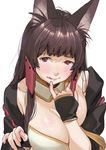  akagi_(azur_lane) animal_ears azur_lane bad_id bad_twitter_id breasts brown_hair commentary_request fingerless_gloves gloves kamiyama_aya large_breasts licking_lips long_hair looking_at_viewer red_eyes sidelocks solo tongue tongue_out 