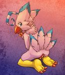  2017 anthro avian biyomon blue_eyes blue_feathers butt conditional_dnp digimon feathers female grumpyvulpix kneeling masturbation nude pink_feathers simple_background solo 