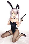  aliceblue animal_ears bad_id bad_pixiv_id barcode black_leotard blue_eyes bow bowtie breasts bunny_ears bunny_tail bunnysuit commentary_request detached_collar finger_to_mouth fishnet_pantyhose fishnets full_body gun handgun highres holding holding_gun holding_weapon leotard long_hair medium_breasts original pantyhose pistol silver_hair sitting solo tail twintails walther walther_ppk wariza weapon wrist_cuffs 