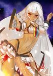  altera_(fate) bangs bare_shoulders breasts cellphone commentary cowboy_shot dancing dark_skin detached_sleeves fate/extella fate/extra fate/grand_order fate_(series) frills holding looking_at_viewer meta midriff navel phone red_eyes senbon_tsuki short_hair sky small_breasts smartphone smile solo star_(sky) starry_sky stomach sweatdrop tattoo teeth veil white_hair 