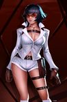  black_hair breasts cleavage devil_may_cry devil_may_cry_4 gloves holster jewelry lady_(devil_may_cry) large_breasts lips looking_at_viewer navel necklace parted_lips rimless_eyewear scar short_hair shorts solo standing sunglasses thigh_holster thigh_strap typo_(requiemdusk) 