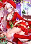  &gt;:) arm_support bad_id bad_pixiv_id bangs blonde_hair bra breasts christmas christmas_ornaments christmas_tree cleavage closed_mouth eyebrows_visible_through_hair feet_out_of_frame flower gift globe indoors kaku-san-sei_million_arthur knees_together_feet_apart long_hair medium_breasts million_arthur_(series) night official_art panties pantyshot pantyshot_(sitting) purple_eyes red_bra red_legwear red_panties santa_costume sitting smile socks solo underwear v-shaped_eyebrows very_long_hair watermark window yuuki_kira 