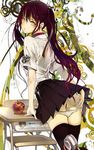  air_gear apple ass bra brown_eyes censored collar commentary_request desk food fruit highres looking_back noyamano_ringo panties panty_pull purple_hair pussy revision school_uniform see-through skirt solo thighhighs ukai_saki underwear white_panties 