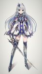  armor armored_dress bad_id bad_pixiv_id blue_eyes boots braid capelet commentary_request detached_sleeves dress full_body gauntlets gem hair_ornament highres hisahisahisahisa jewelry karma_(phantom_of_the_kill) long_hair long_legs phantom_of_the_kill revision sapphire_(stone) simple_background solo sword thigh_boots thigh_strap thighhighs twin_braids very_long_hair weapon white_background white_hair zettai_ryouiki 