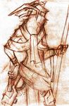  2016 5_fingers ambiguous_gender anthro armor biped bracelet clothed clothing helmet holding_object holding_weapon jewelry looking_back melee_weapon monochrome navel partially_clothed pencil_(artwork) polearm portrait schizy sergal side_view simple_background solo spear standing three-quarter_portrait traditional_media_(artwork) vilous_universe weapon white_background 